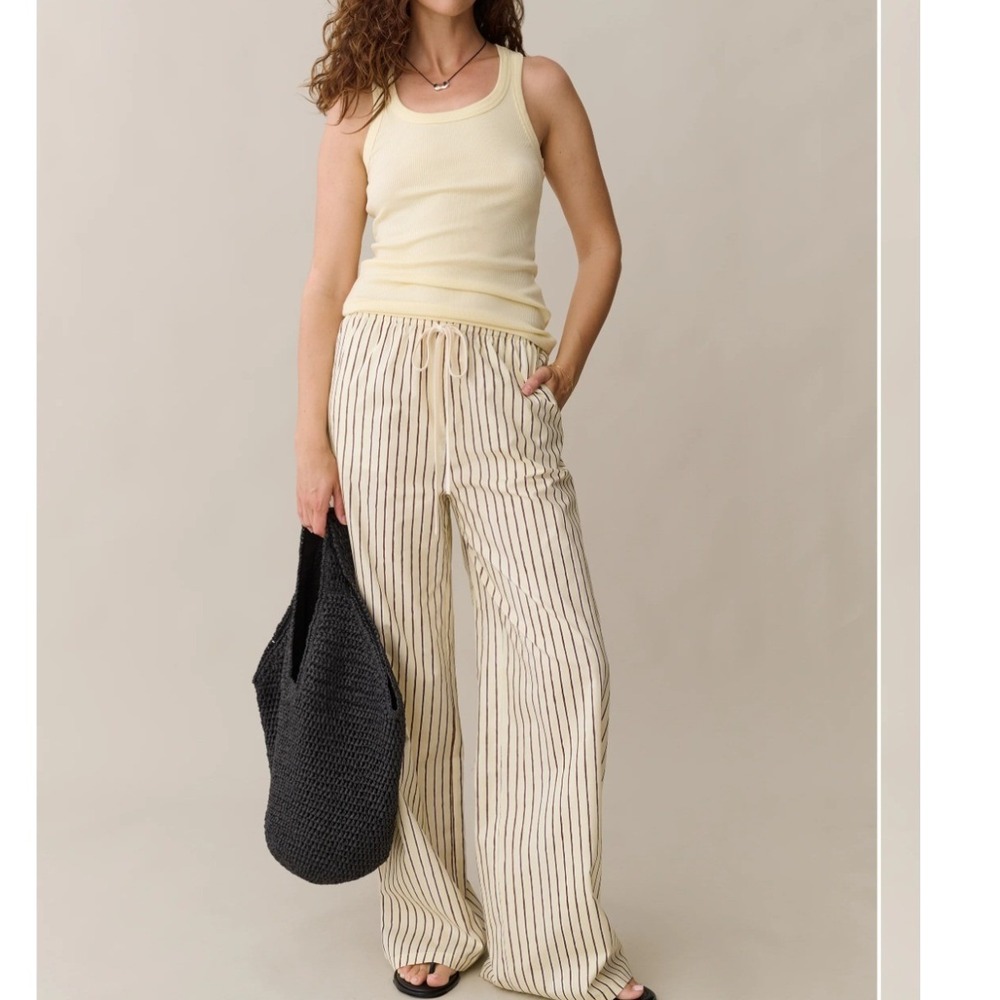 FEWMODA CAARA Beatriz 100% Cotton Pant Cream Brown Striped Wide Leg Sz Med NEW